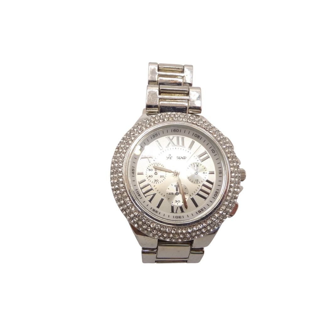 Geneva Rhinestone Watch Womens Silver Good Roman Numeral Link Bracelet Glam